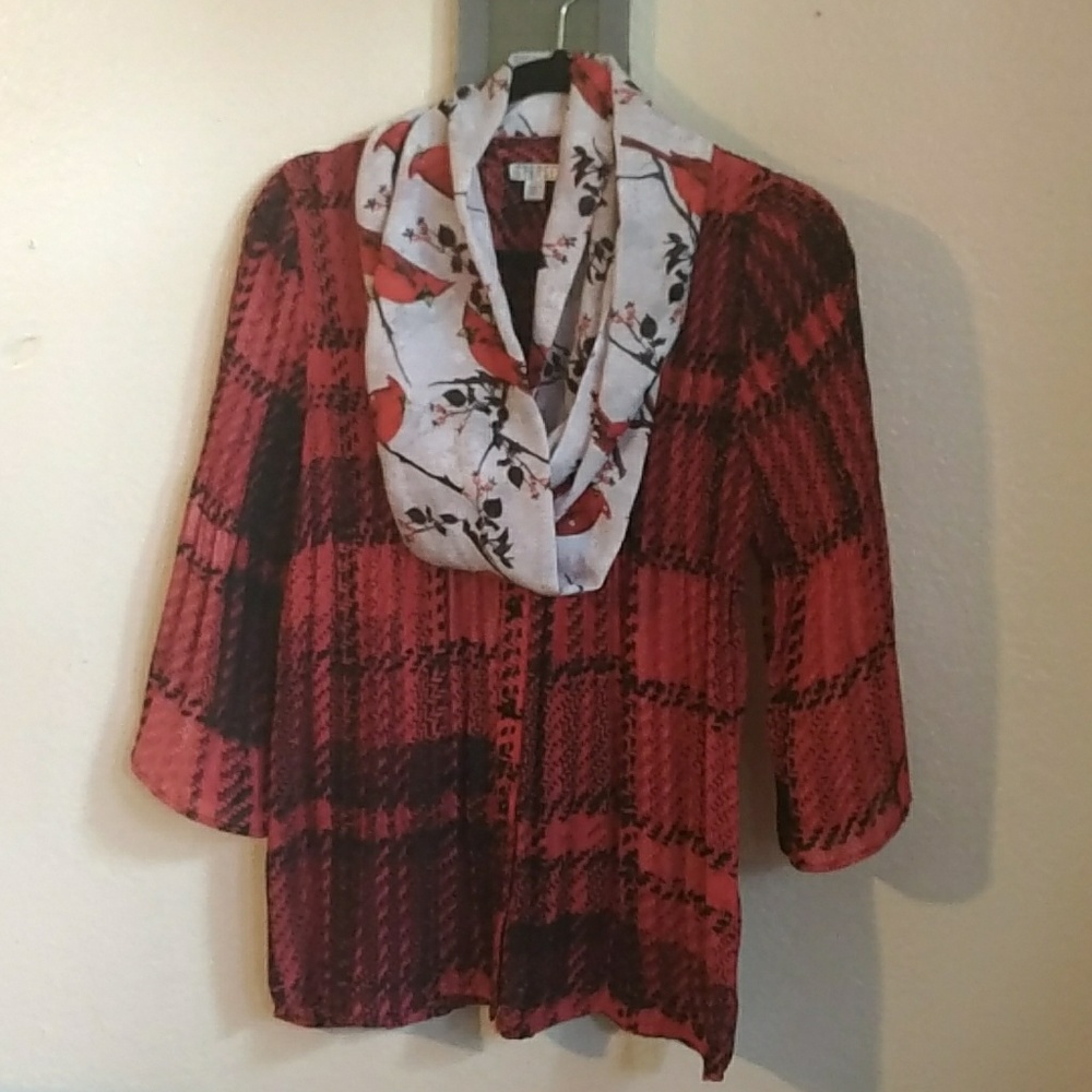Spense Red/Black Blouse with Scarf, Sz PS